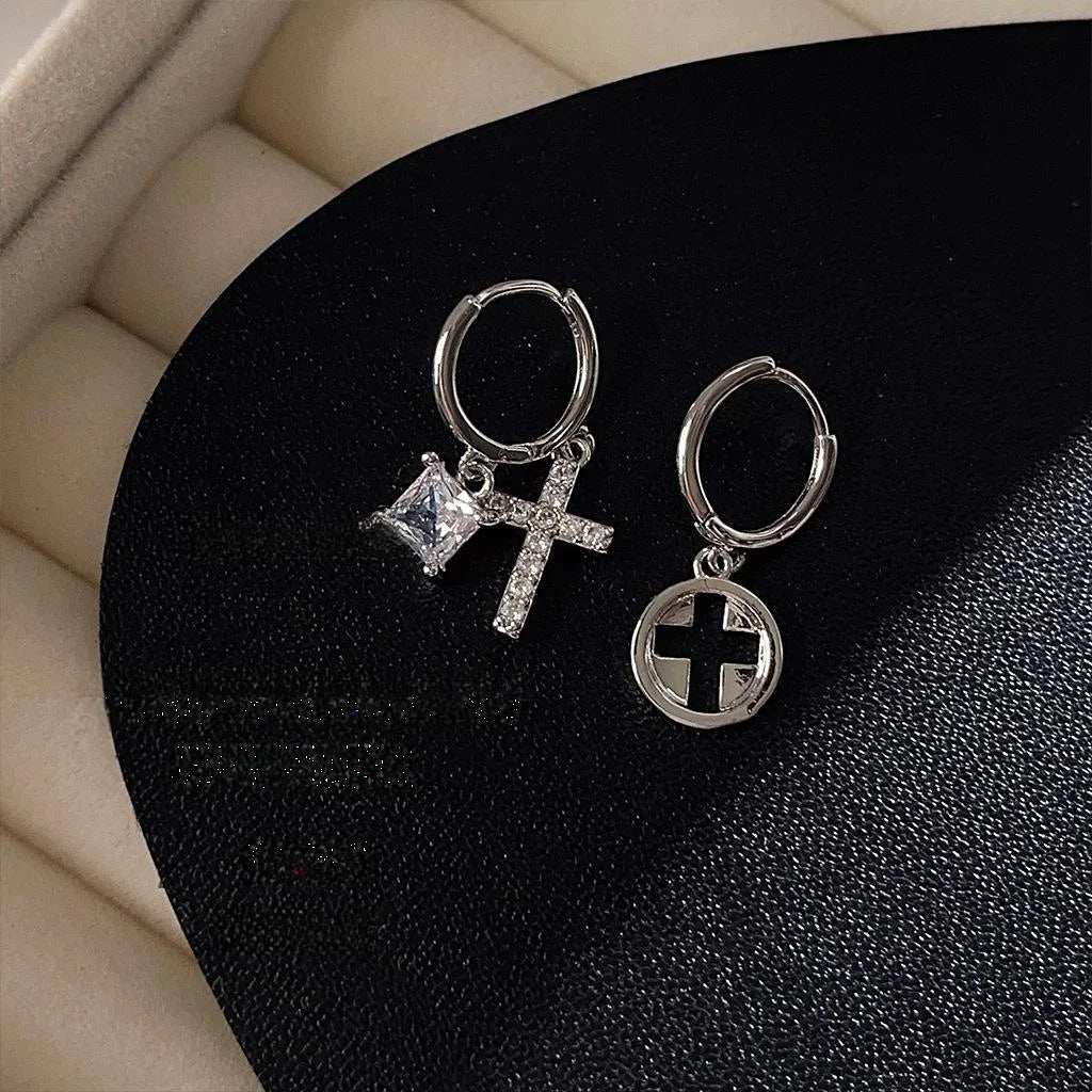 Asymmetric Cross Drop Earrings Copper Micro Pave Zircon Geometric Minimalist Cool Style