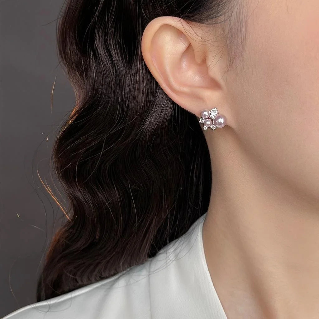 Light Luxury Geometric Round Rose Pearl Micro Pave Zircon Copper Stud Earrings