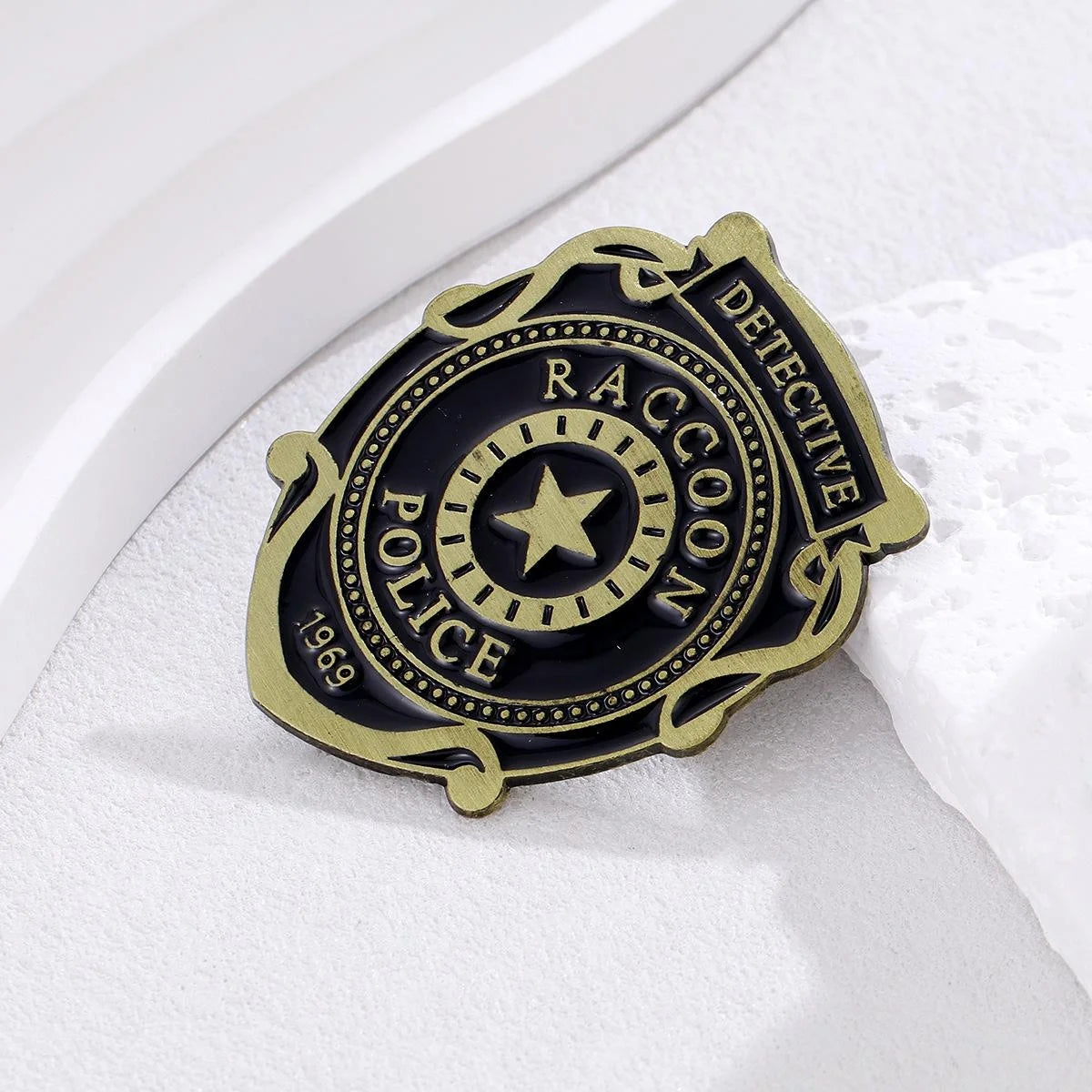 Vintage Alloy Enamel Raccoon Detective Police Shield Badge Brooch, Star Lapel Pin Suit Accessory Gift
