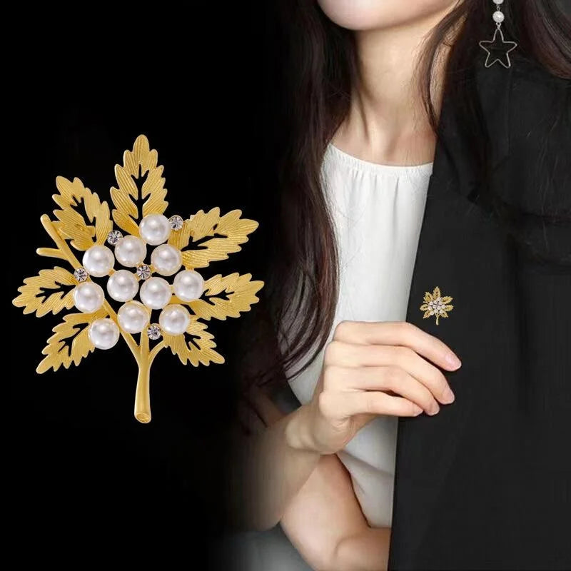 Elegant Gold Alloy Maple Leaf Brooch With Faux Pearls And Rhinestones, Luxury Lapel Pin Suit Accessory