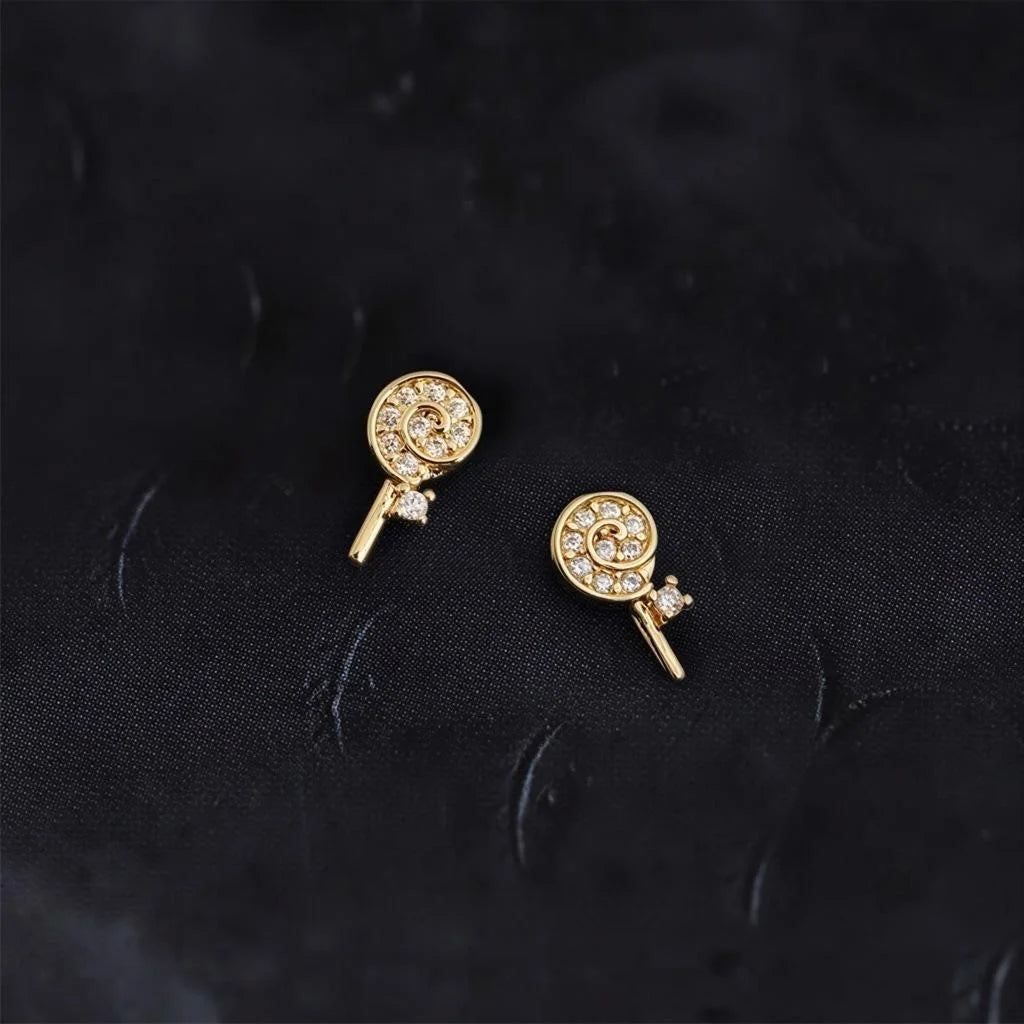 14K Gold Plated Copper Micro Pave Zircon Lollipop Stud Earrings Sweet Mini Candy Jewelry