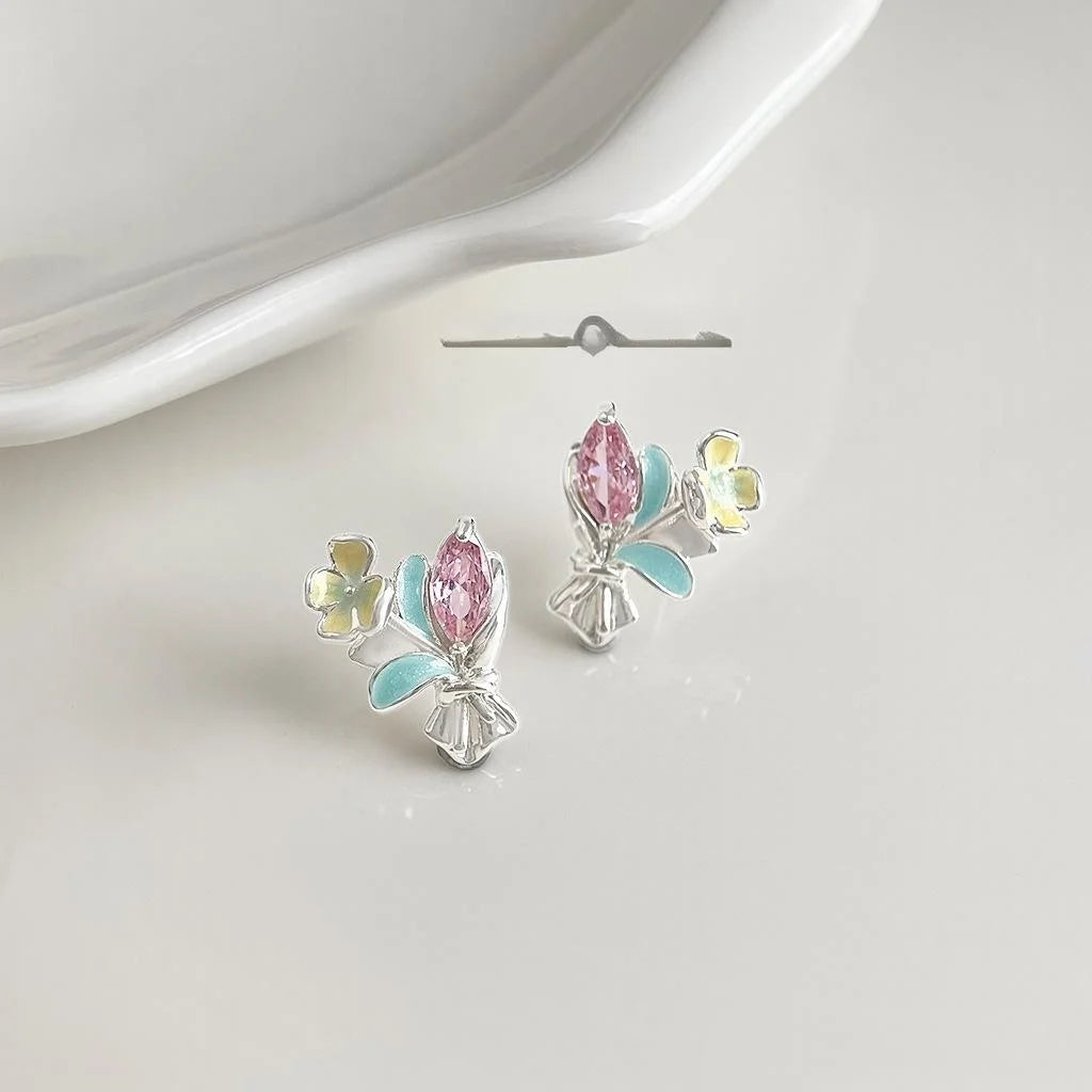 Designer Copper Zircon Micro Pave Enamel Bouquet Flower Stud Earrings Fresh Sweet Jewelry