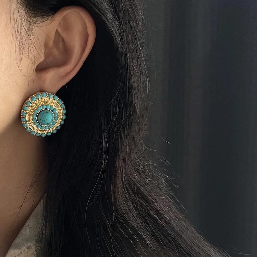 Vintage Ethnic Copper Synthetic Turquoise Geometric Round Stud Earrings