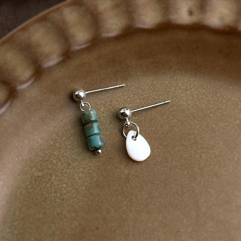 Vintage New Chinese Asymmetric Teardrop Shell Glazed Glass Handmade Drop Earrings