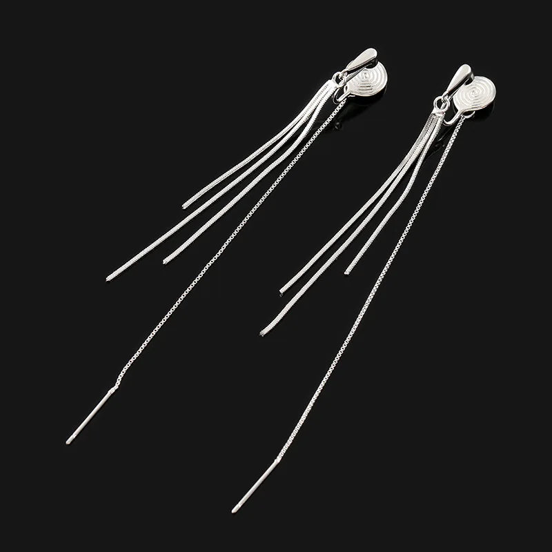 Elegant Silver Alloy Spiral Disc Long Tassel Threader Chain Stud & Clip On No Piercing Drop Earrings