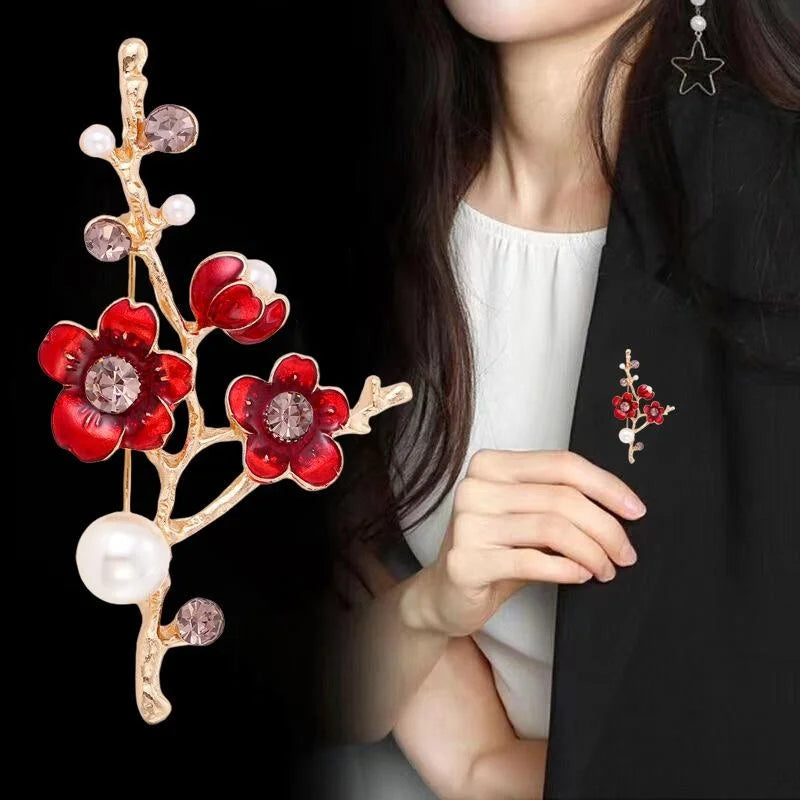 Elegant Red Enamel Flower Branch Brooch With Rhinestone And Pearl Accents, Women's Lapel Pin Gift