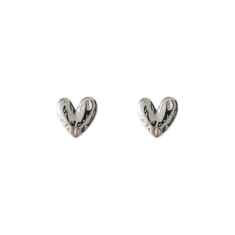 Sweet Cool Heart Stud Earrings Copper Irregular Lava Texture Minimalist Jewelry
