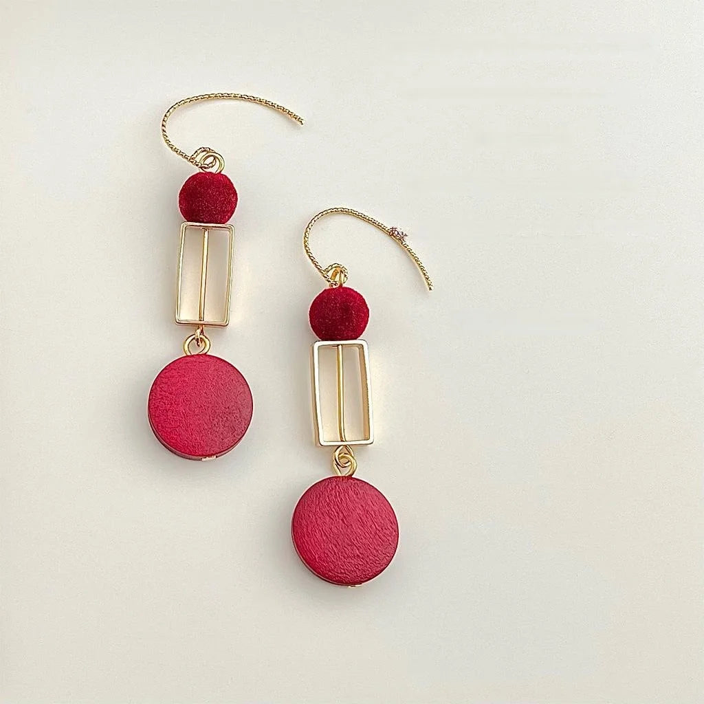 Original Designer Burgundy Flocked Lacquered Wood Geometric Tassel Drop Earrings With Copper Hooks