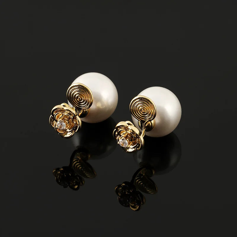 Luxury Camellia Flower Pearl Rhinestone Stud & Clip On No Piercing Elegant Gold Alloy Earrings