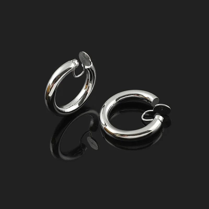 Elegant Chunky Gold Alloy Round Hoop With Spiral Disk Stud & Clip On No Piercing Hong Kong Style Earrings