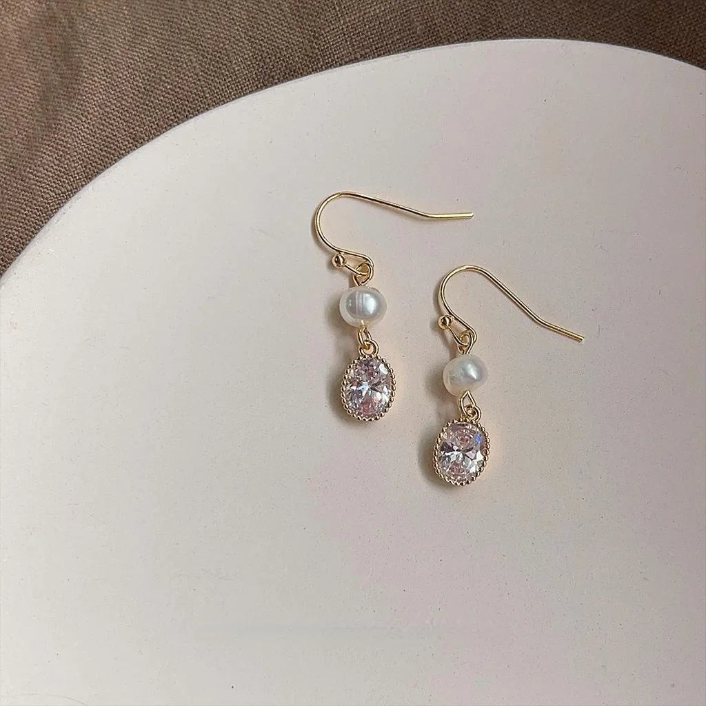 Handmade Freshwater Pearl Copper Geometric Tassel Drop Earrings Light Luxury Jewelry