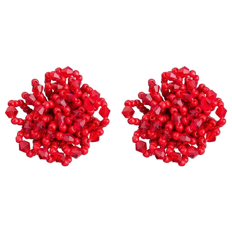 Handwoven Red Glass Crystal Flower Drop Earrings, Copper Seed Bead Designer Luxury Jewelry