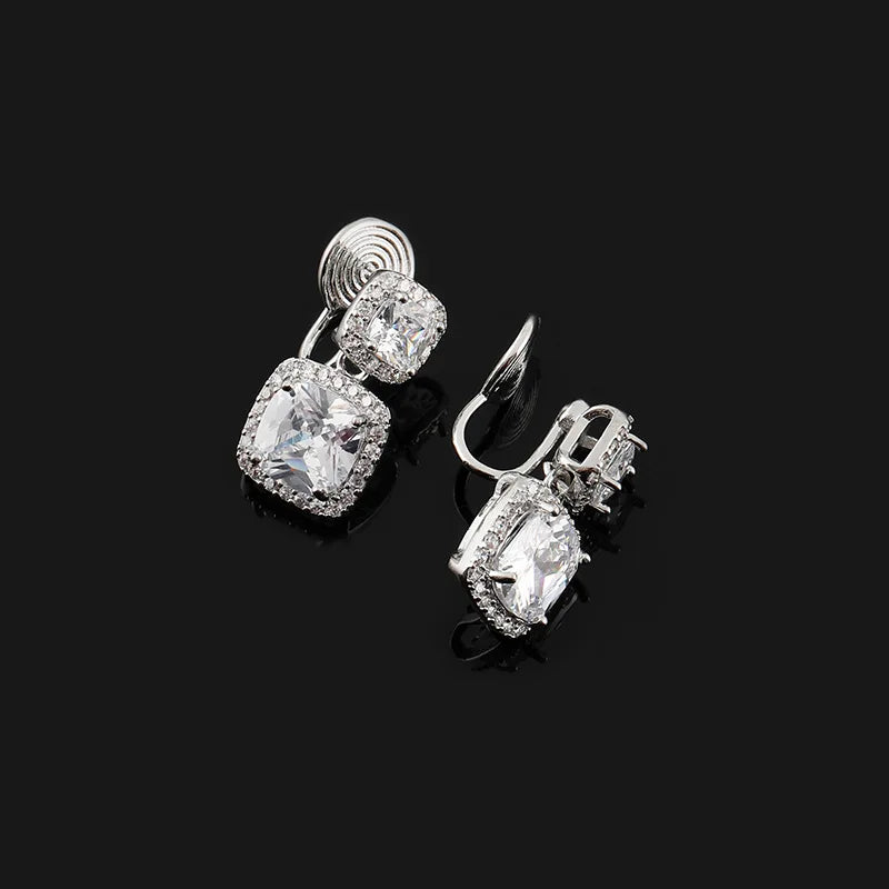 Luxury Square Zircon Rhinestone Drop Stud & Clip On No Piercing Geometric Spiral Women's Earrings