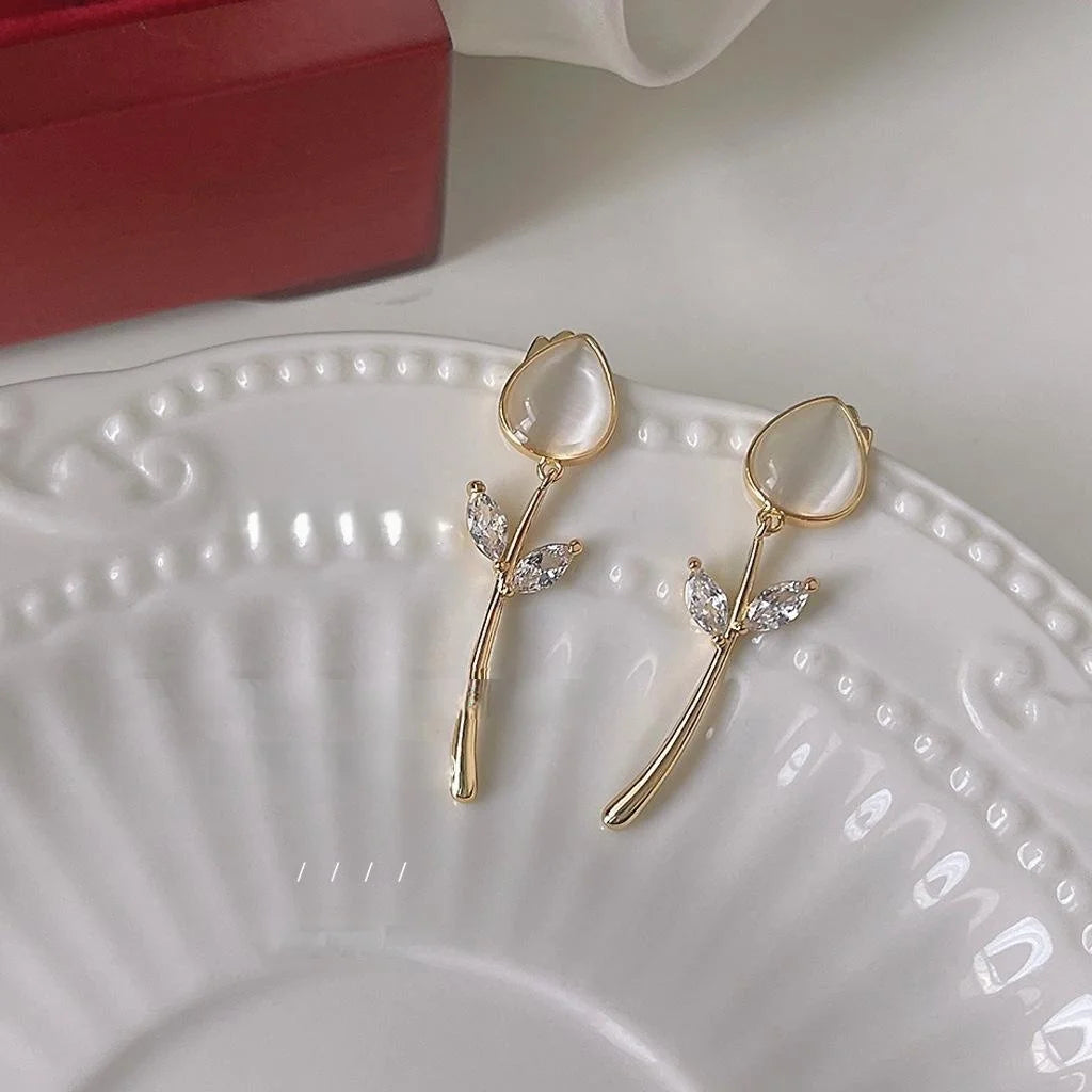 French Vintage Tulip Flower Drop Earrings Copper Glass Cat Eye Zircon Tassel Jewelry