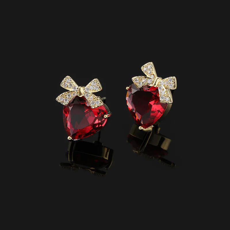 Elegant Red Heart Crystal Zircon Bowknot Alloy Stud & Clip On No Piercing Sweet Luxury Earrings
