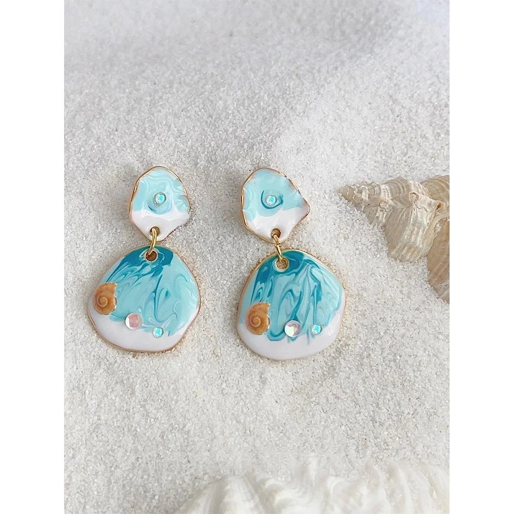 Blue Ocean Handmade Drip Glaze Copper Drop Earrings Irregular Geometric Resort Style Jewelry