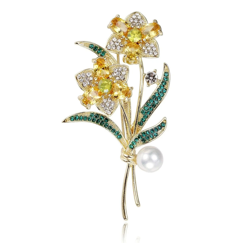 Elegant Rhinestone Yellow Flower Bouquet Brooch With Faux Pearl, Green Leaf Lapel Pin Suit Accessory Gift