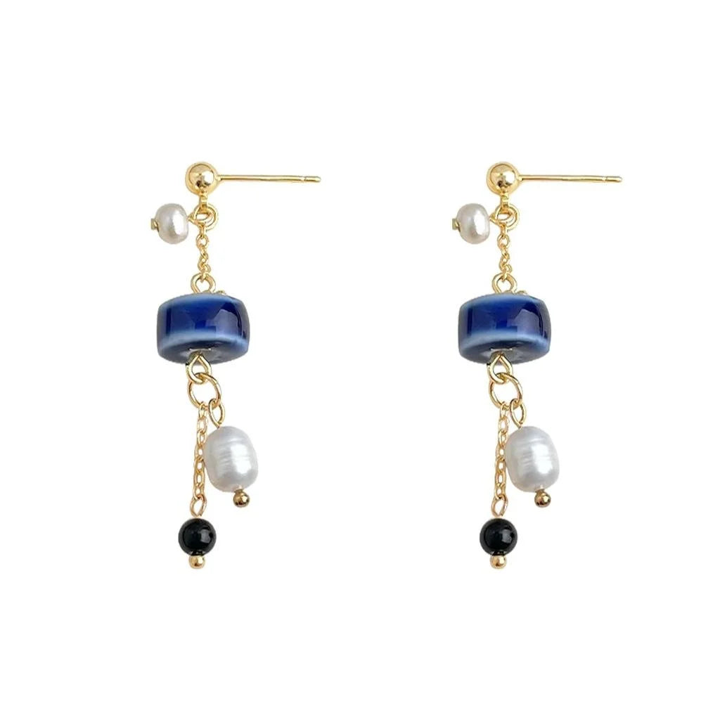 Handmade Freshwater Pearl Ceramic Drop Earrings Vintage Ethnic Geometric Tassel Jewelry
