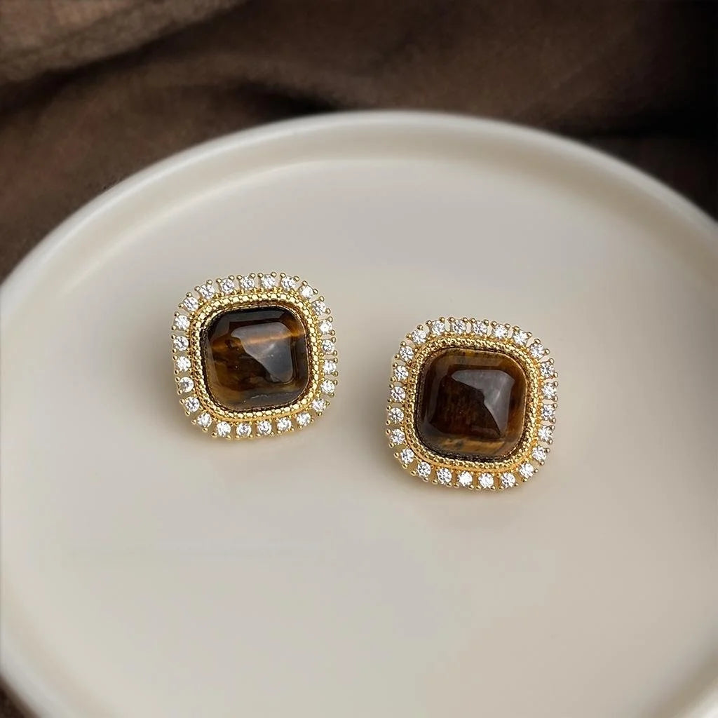 Vintage Maillard Tiger Eye Stone Micro Pave Zircon Geometric Square Stud Earrings