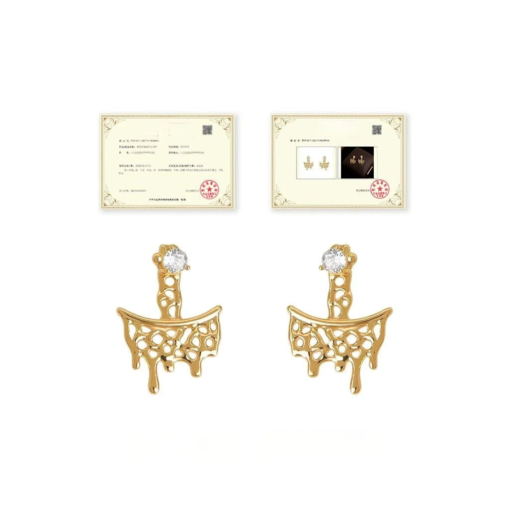 Light Luxury Geometric Mesh Liquid Melt Zircon Copper Drop Earrings With Silver Plated Posts