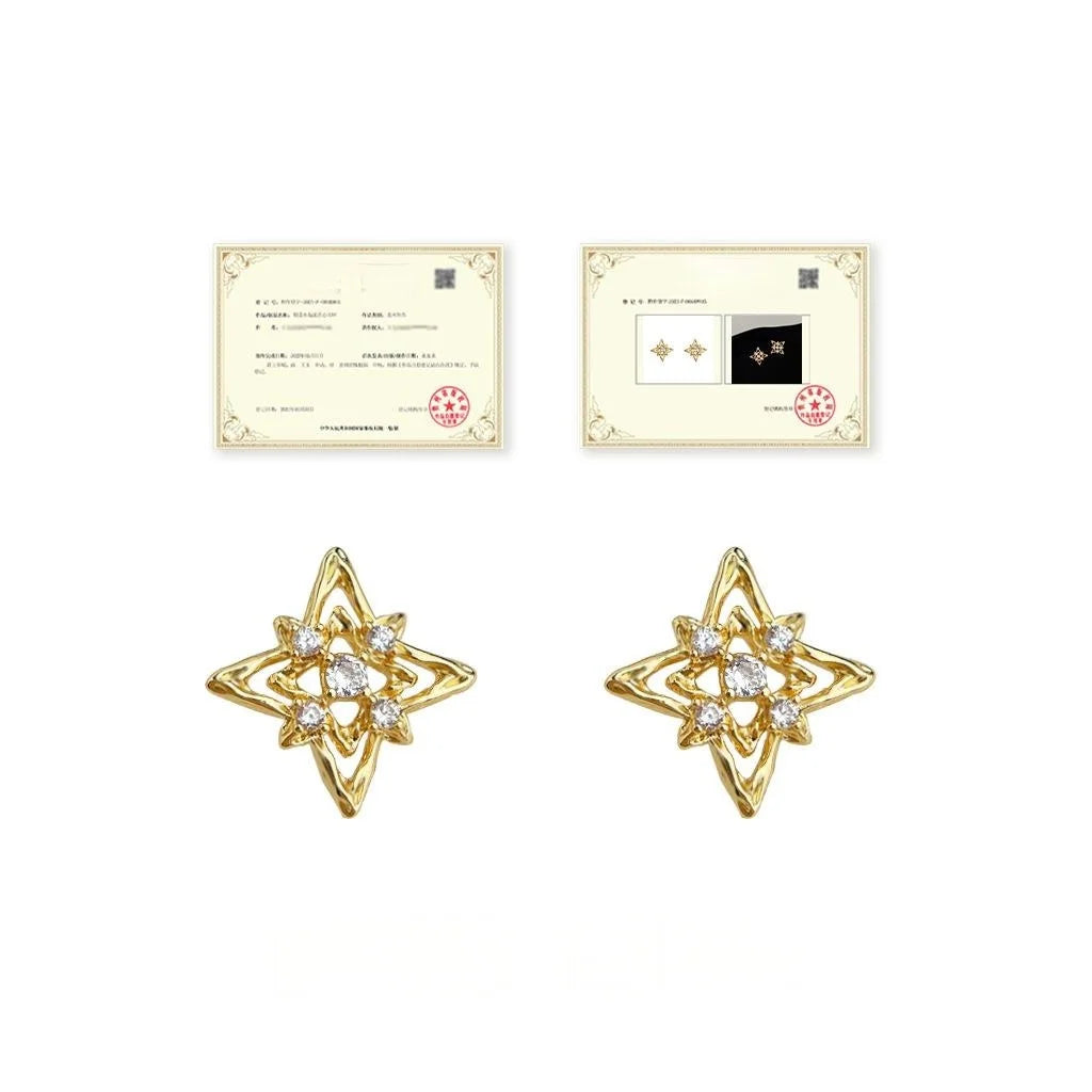 Designer 14K Plated Copper Star Stud Earrings Micro Pave Zircon Old Money Style