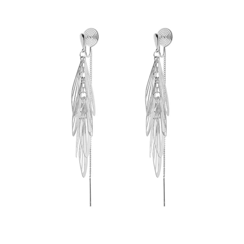 Elegant Silver Alloy Wing Feather Tassel Threader Stud & Clip On No Piercing Long Face Slimming Earrings