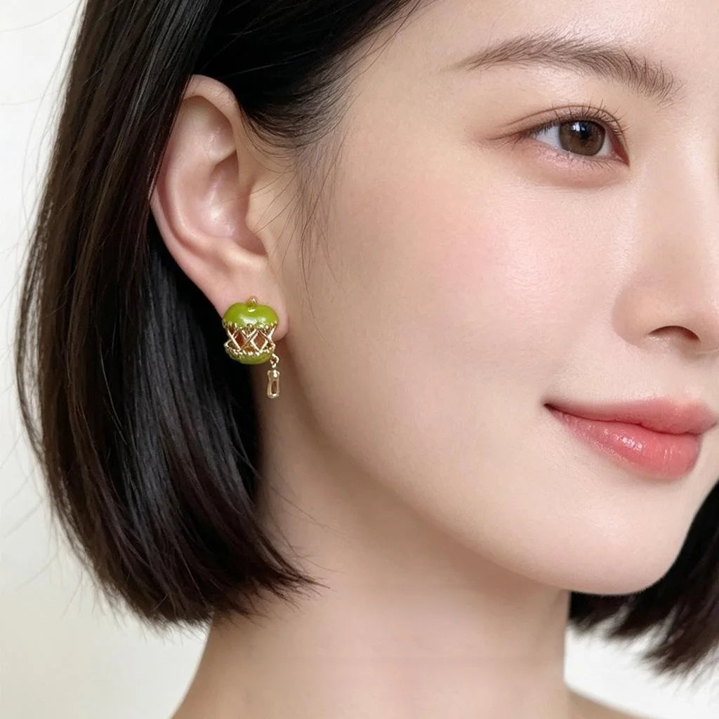 Original Green Apple Enamel Drop Earrings Eco-Friendly Copper Fresh Fruit Jewelry For Women