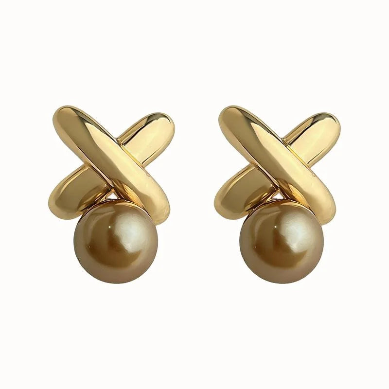 14K Plated Eco Copper Glass Pearl Stud Earrings, Minimalist Floral Line Fashion Jewelry