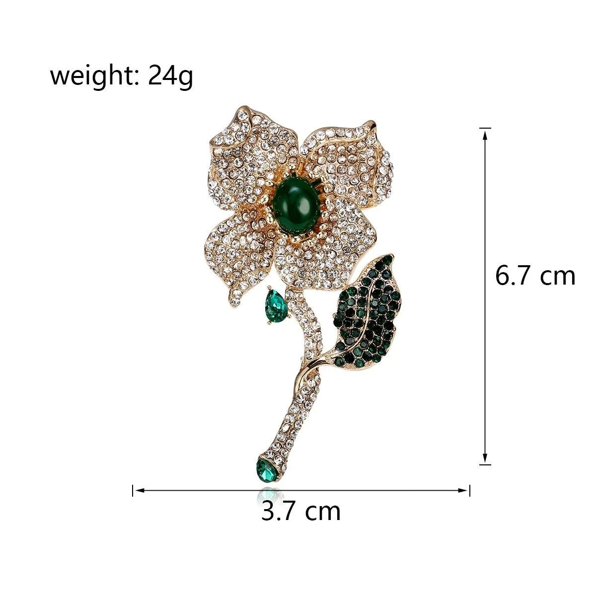 Elegant Full Rhinestone Flower Brooch With Green Zircon Leaf, Luxury Alloy Lapel Pin Corsage Suit Accessory