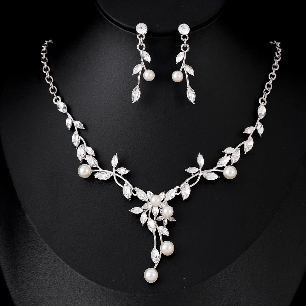 Elegant Bridal Zircon Crystal Pearl Vine Necklace And Earrings Jewelry Set For Wedding Party Gift
