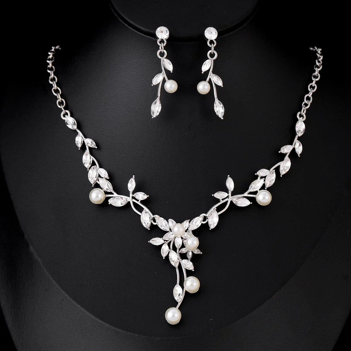 Elegant Bridal Zircon Crystal Pearl Vine Necklace And Earrings Jewelry Set For Wedding Party Gift