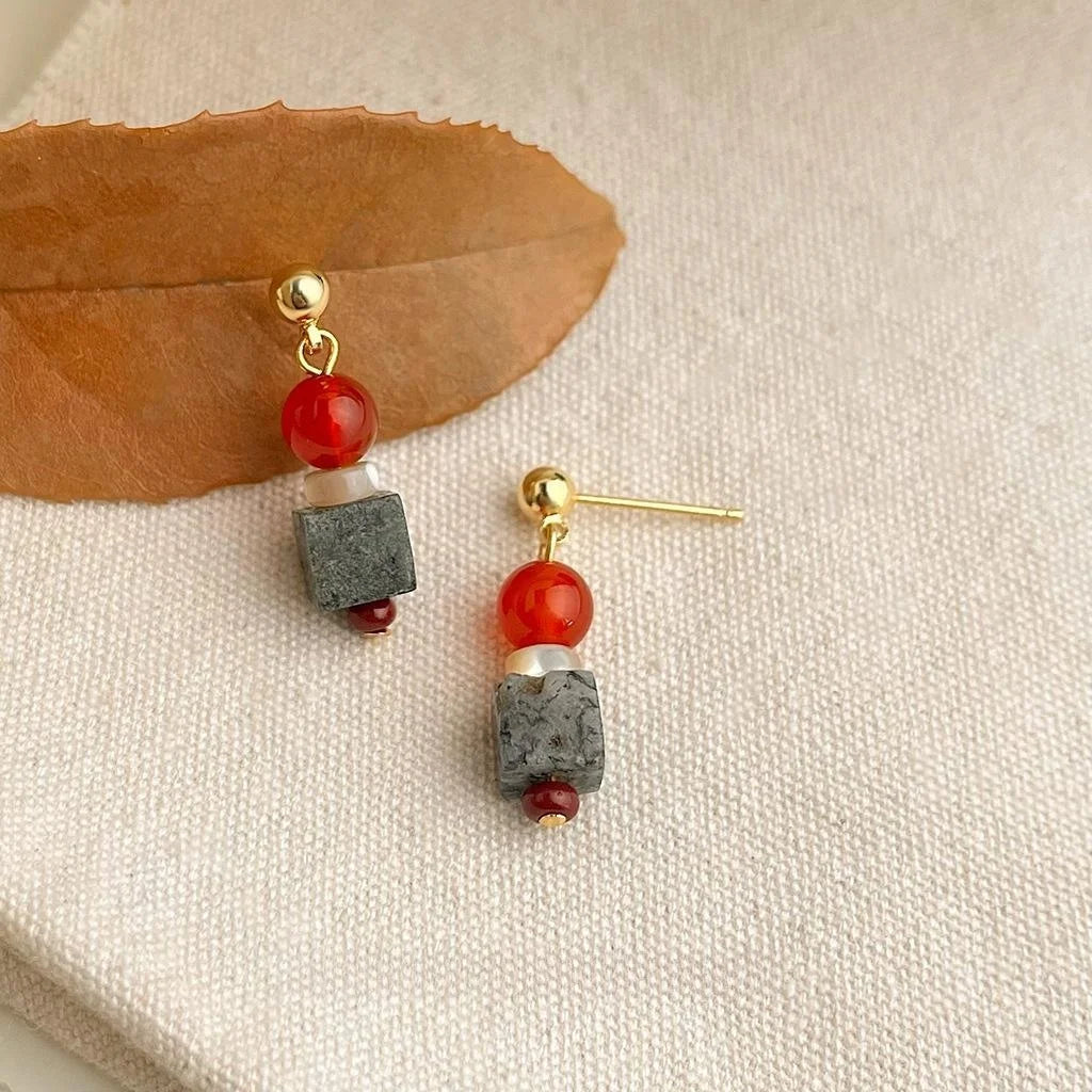 New Chinese Style Red Agate Shell Natural Stone Geometric Handmade Drop Earrings For Women
