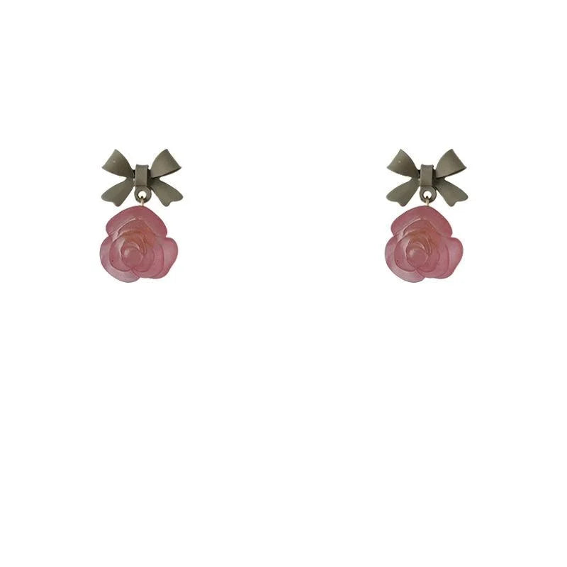 Sweet Frosted Rose Flower Enamel Bow Copper Stud Earrings Handmade Floral Jewelry