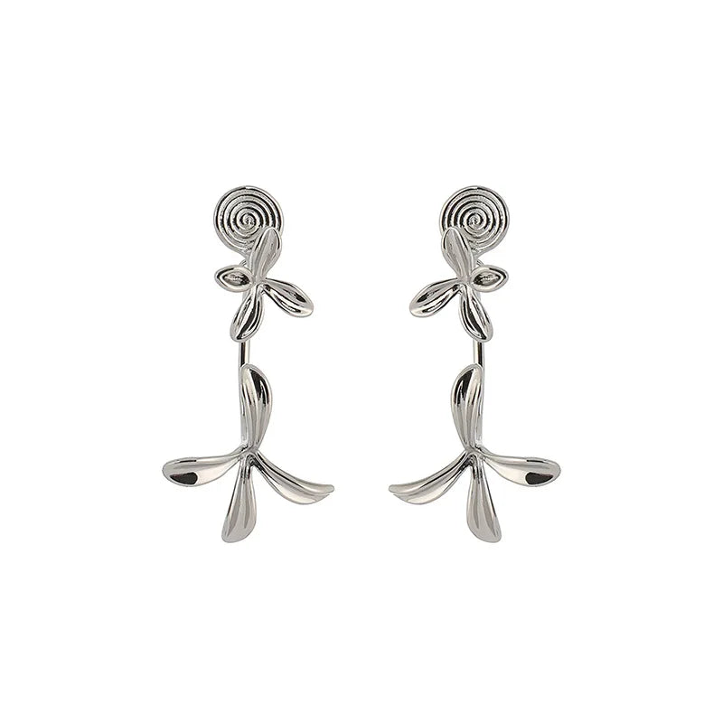 Elegant Silver Alloy 3D Gardenia Flower Spiral Drop Stud & Clip On No Piercing Back Hanging Earrings