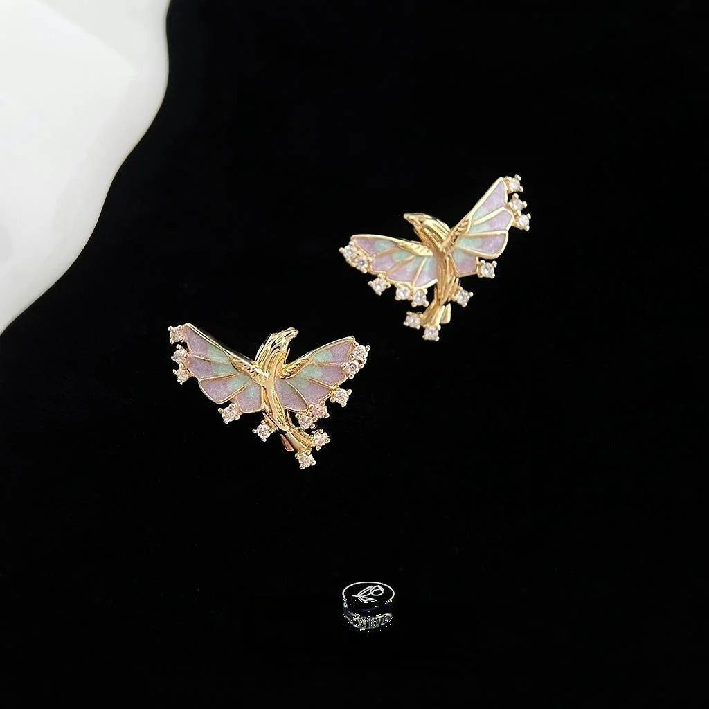14K Gold Plated Copper Flying Fish Zircon Enamel Stud Earrings Fairy Style Jewelry