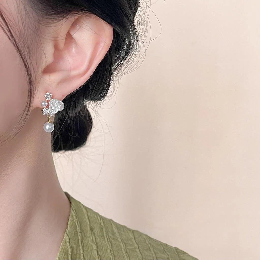Elegant 14K Plated Micro Pave Zircon Flower Resin Glossy Pearl Drop Earrings