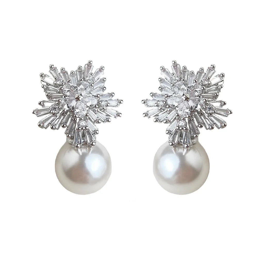 Luxury Geometric Snowflake Pearl Drop Earrings Full Zircon Eco-Friendly Copper Jewelry