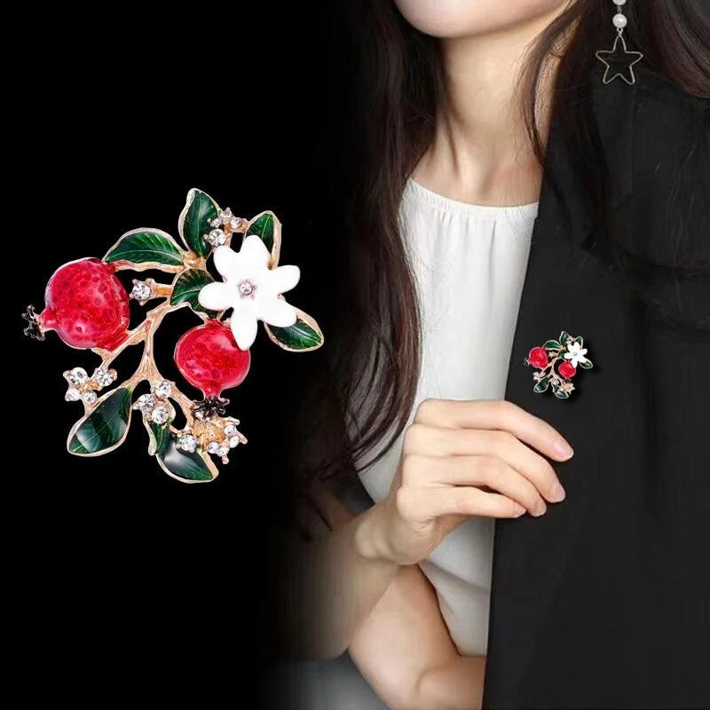 Elegant Enamel Pomegranate Flower Brooch With Rhinestones, Alloy Fruit Leaf Lapel Pin Suit Accessory Gift