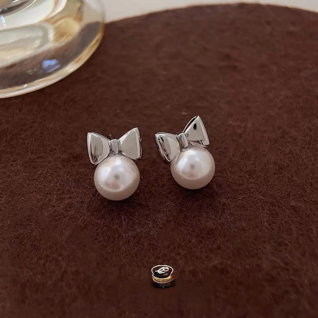 Glass Pearl Bow Drop Earrings for Women, Silver Plated Pin, Elegant Sweet Minimalist Jewelry