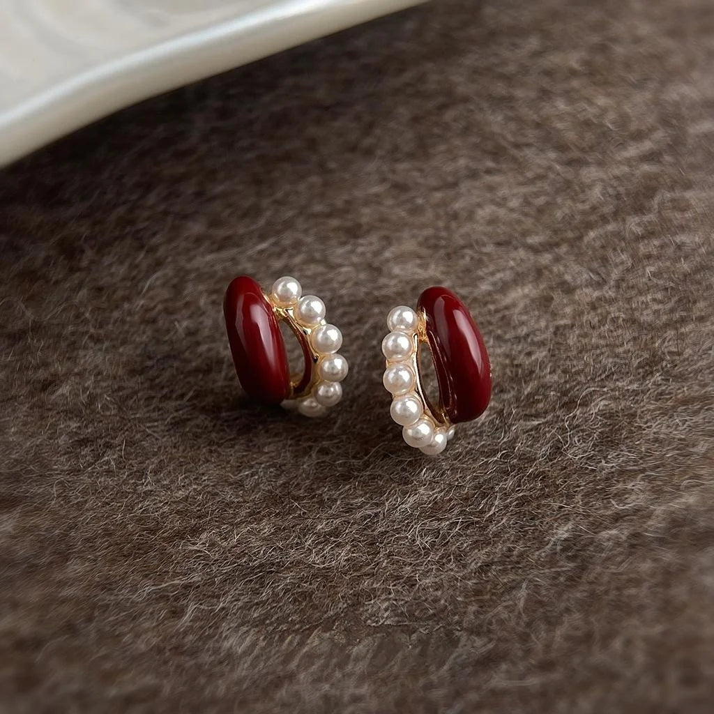 Light Luxury Vintage Burgundy Enamel Pearl Drop Earrings Copper Hepburn Style Jewelry