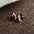 Light Luxury Vintage Burgundy Enamel Pearl Drop Earrings Copper Hepburn Style Jewelry