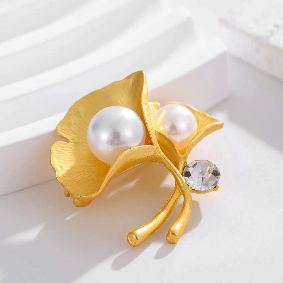 Elegant Gold Ginkgo Leaf Brooch With Pearls And Rhinestone, Women's Lapel Pin Suit Accessory Gift