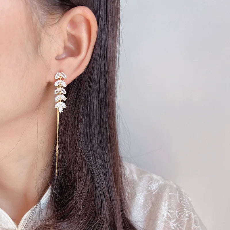 Elegant Gold Alloy Wheat Ear Marquise Zircon Tassel Stud & Clip On No Piercing Long Chain Dangle Earrings