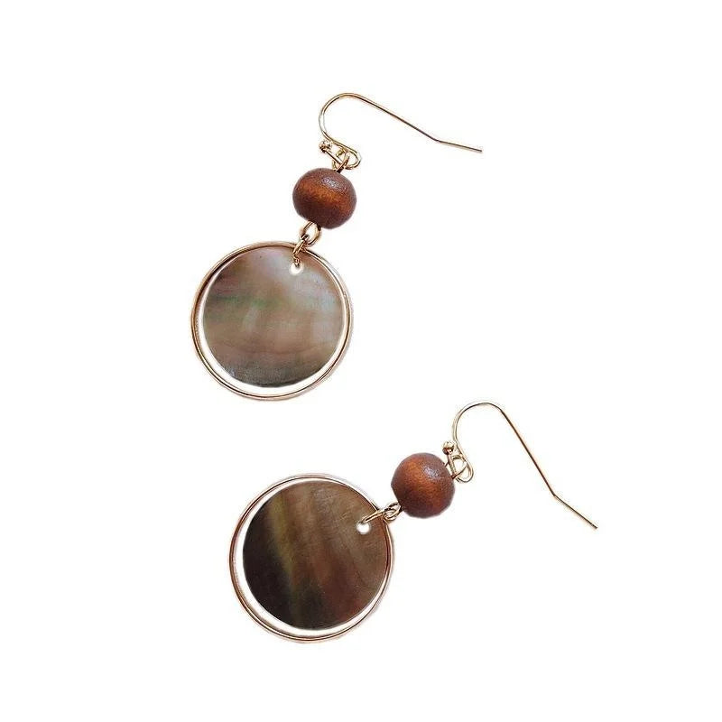 Vintage Palace Style Iridescent Black Shell Round Geometric Drop Earrings Handmade Jewelry