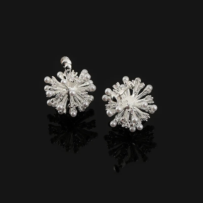 Elegant Silver Alloy Zircon Pearl Firework Stud & Clip On No Piercing Metal Ball Burst Earrings
