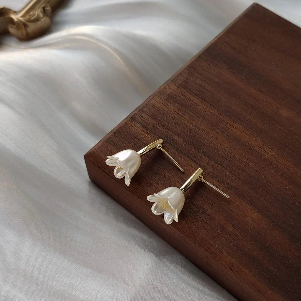 Copper Silver Plated French Court Tulip Pearlescent 3D Floral Branch Drop Earrings