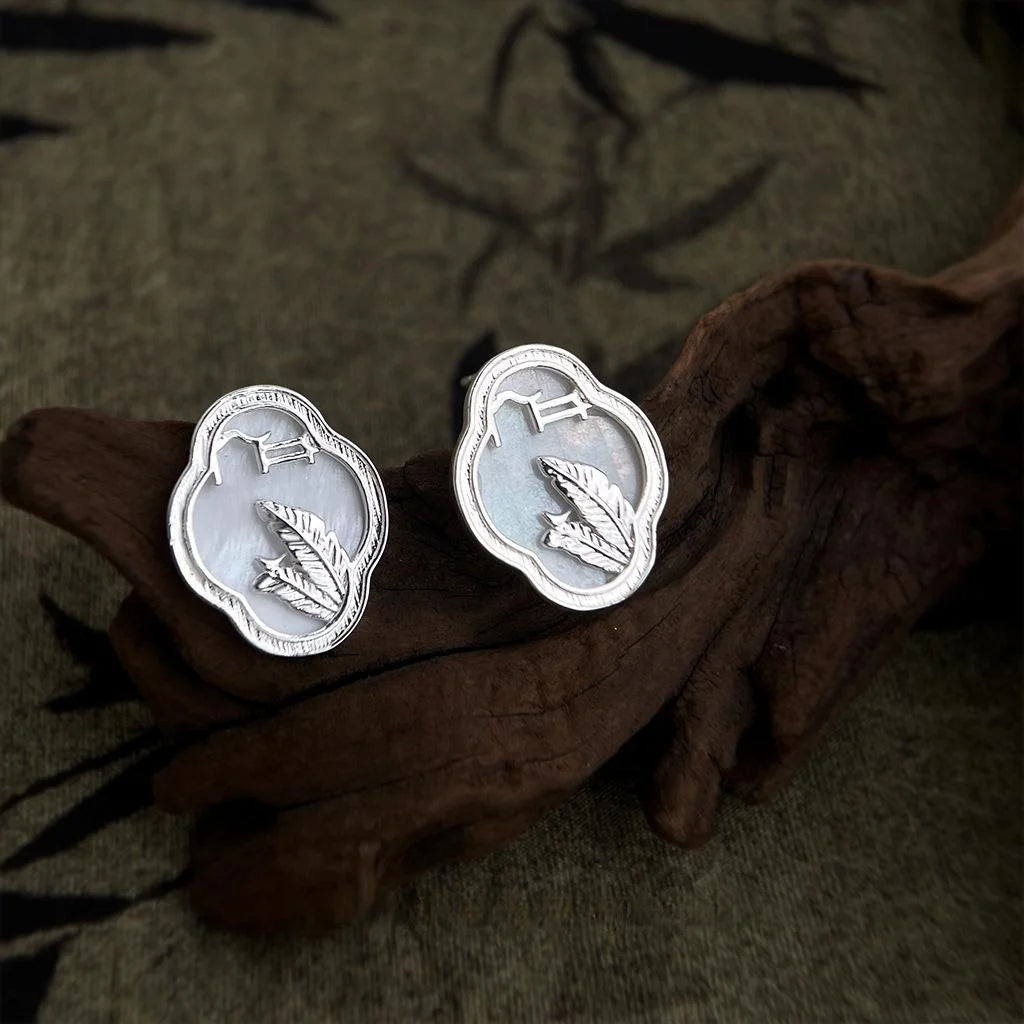 New Chinese Style Shell Leaf Geometric Window Lattice Drop Earrings With Silver Plated Pins