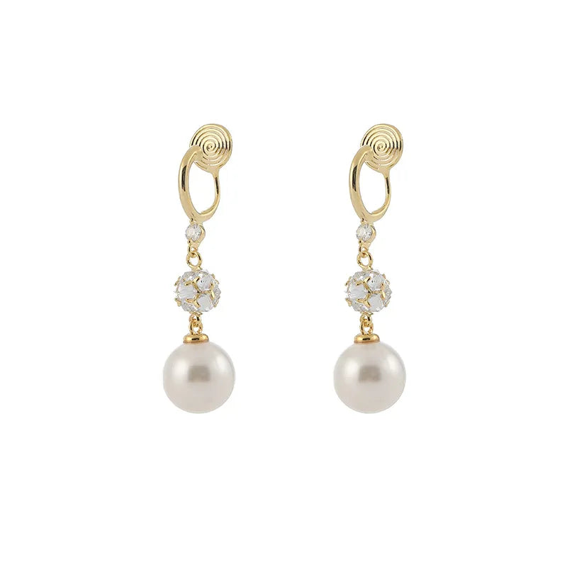 Elegant Swirl Hoop Crystal Rhinestone Pearl Drop Stud & Clip On No Piercing Long Dangle Earrings