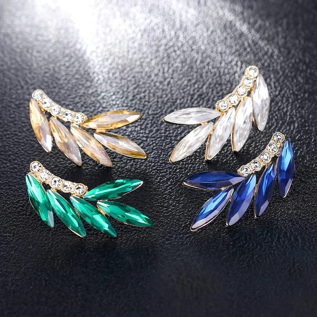 Elegant Gold Alloy Glass Crystal Leaf Wing Climber Earrings With Rhinestones For Wedding Party Gift