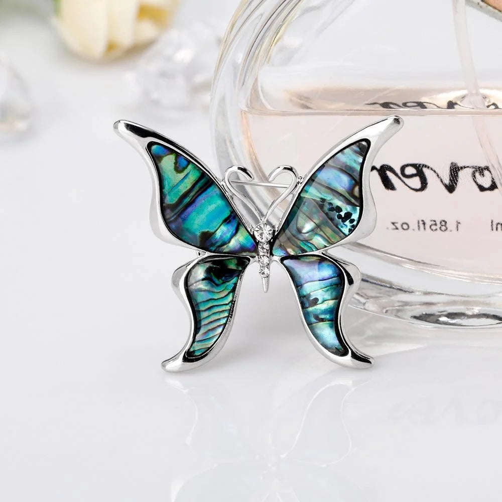 Elegant Butterfly Mother Of Pearl Shell Rhinestone Brooch, Silver Alloy Lapel Pin Corsage Gift For Women